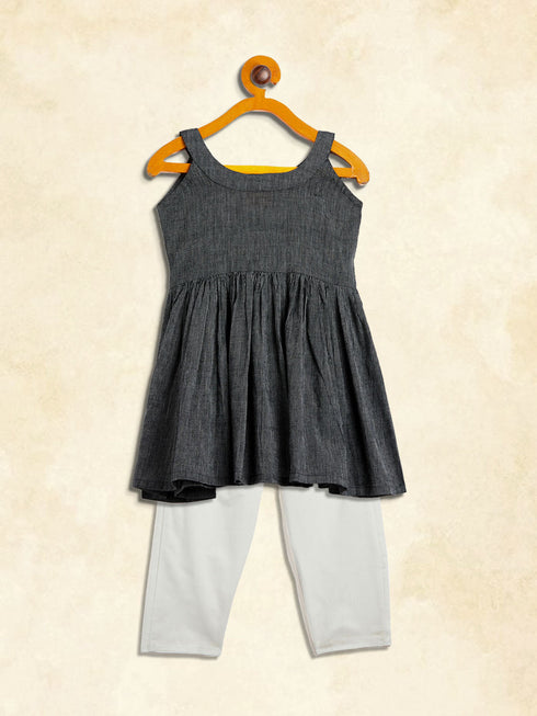 Vastramay SISHU Girl's Black Striped Handloom Kurta With Cream Pyjama Set